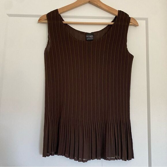 Brown Chiffon Pleated Stretch Business Casual Blouse Tank Top Blouse Shirt - Picture 1 of 4
